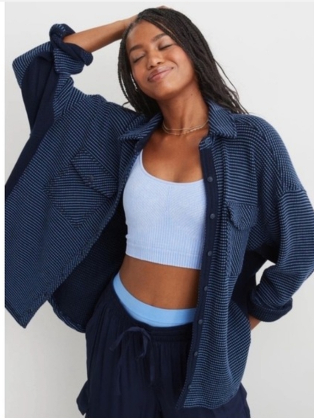 aerie Navy Oversized Cozy Loungewear Button Down Shacket Boho Casual Size Small